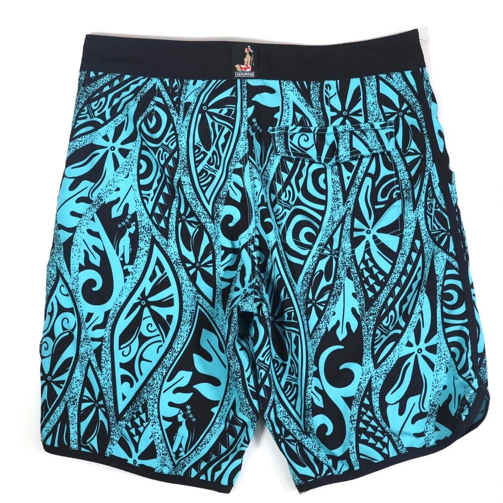 Hinano Tahiti Board Shorts Mens 32 Turquoise Black Tribal Print Stretch Surfing